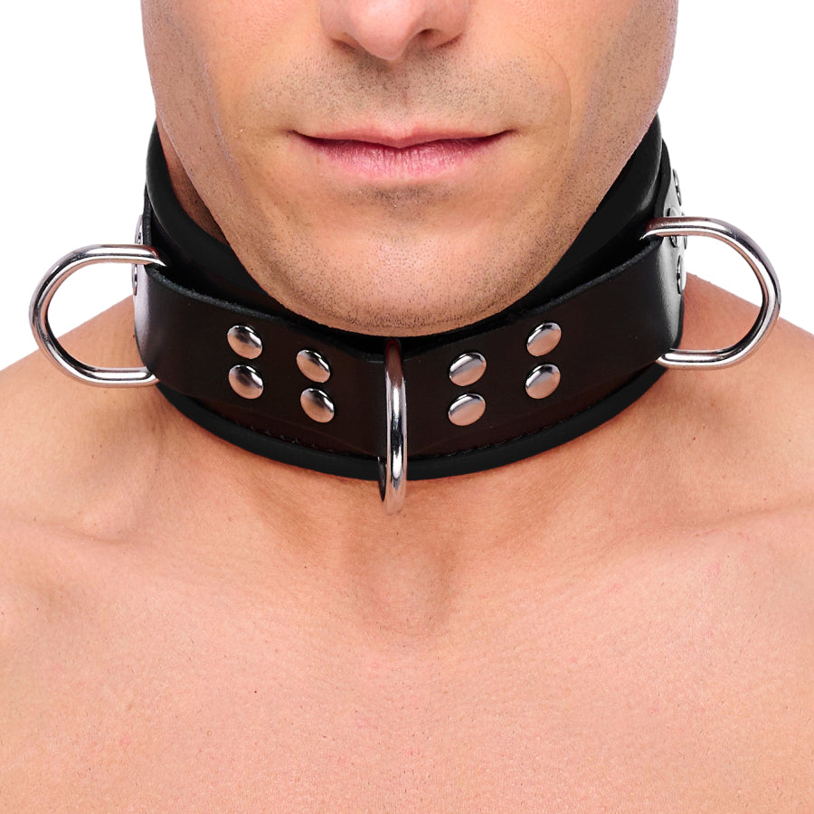 Leder-Halskette mit 3 D-Ringen in Schwarz – The Red
